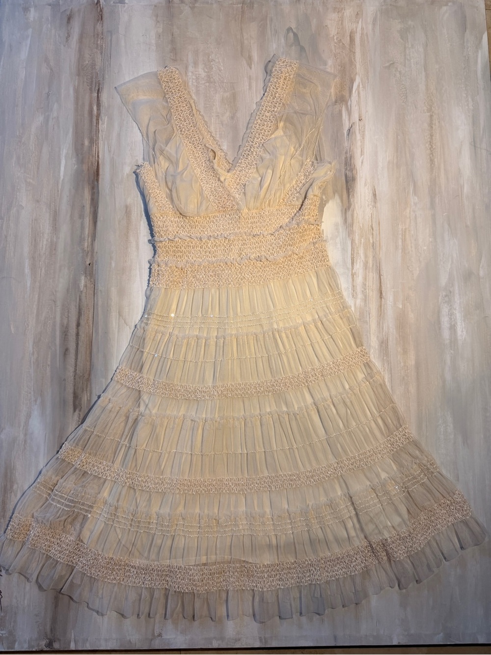 Vintage Max Studio Cream White Tiered Midi Dress Smocked Waist Large Boho Fairy - Picture 8 of 13